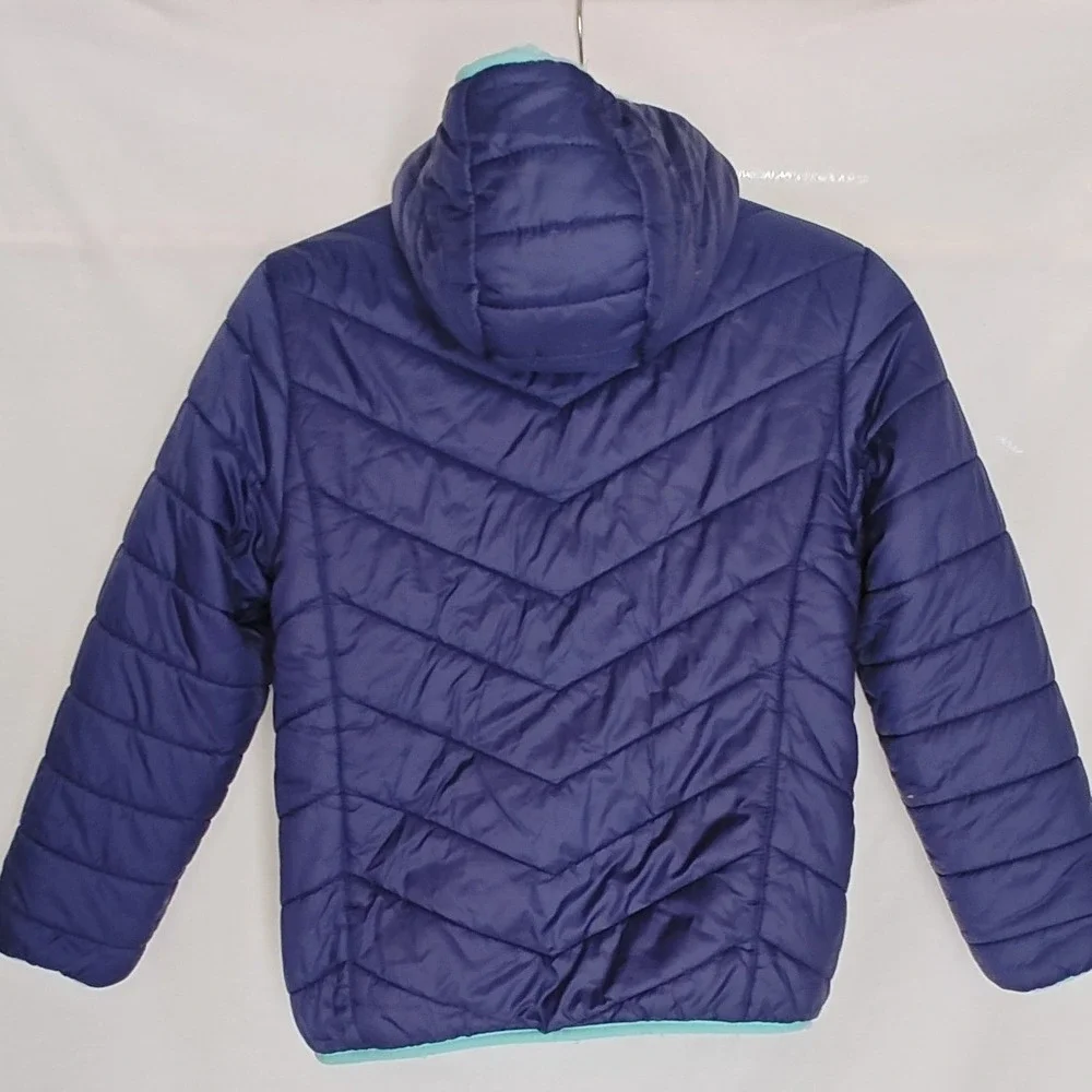 Eddie Bauer Youth Reversible Puffer Jacket  Light Blue Navy Hood Fleece M 10 12